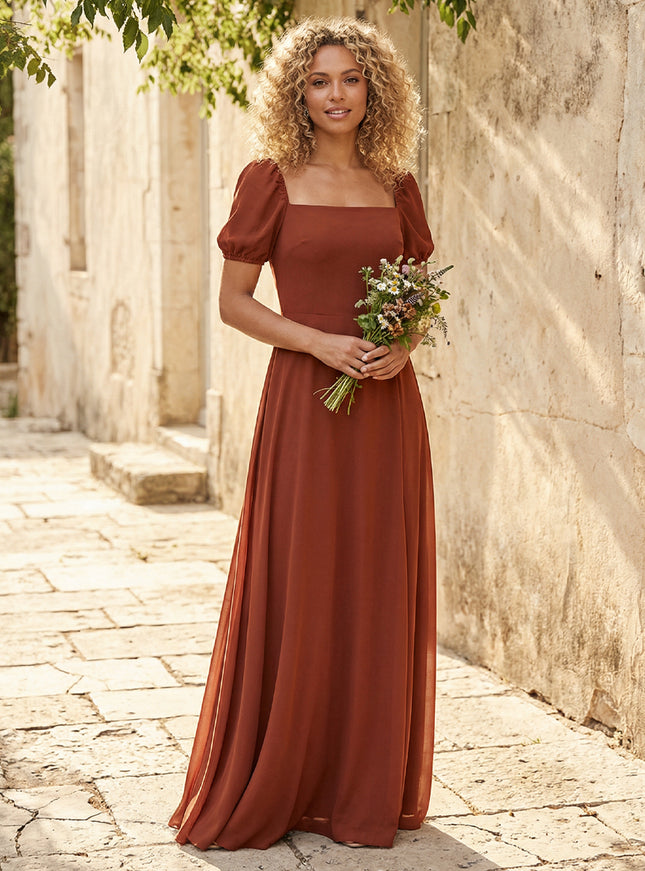 Chiffon Square Neck Long Bridesmaid Dresses with Sleeves