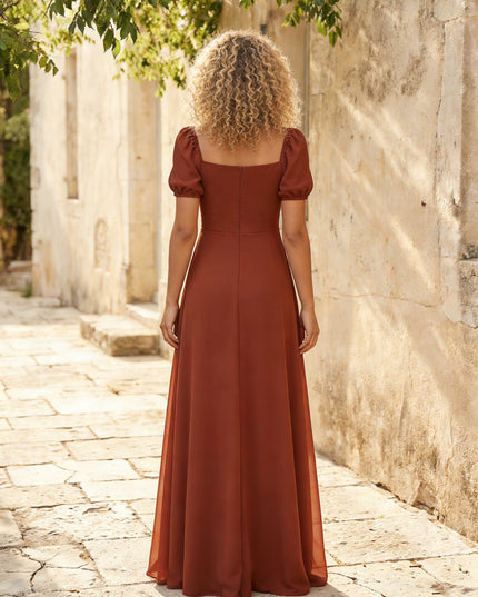 Chiffon Square Neck Long Bridesmaid Dresses with Sleeves