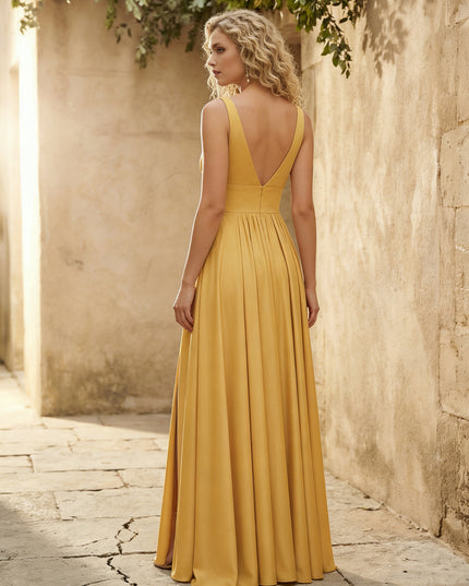 Satin Deep V Neck Bridesmaid Dresses with Slit