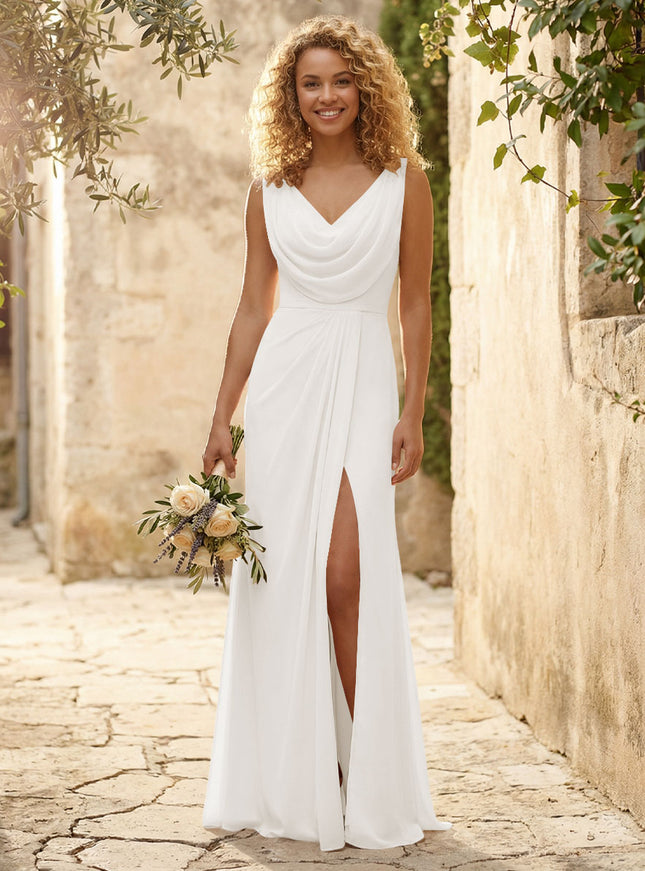 Cowl Neck Chiffon A Line Bridesmaid Dresses with Slit