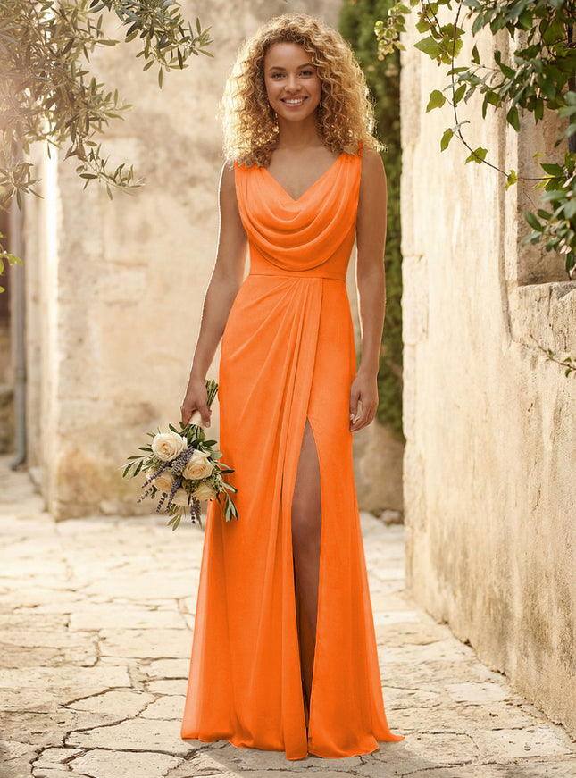 Cowl Neck Chiffon A Line Bridesmaid Dresses with Slit