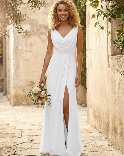 Cowl Neck Chiffon A Line Bridesmaid Dresses with Slit