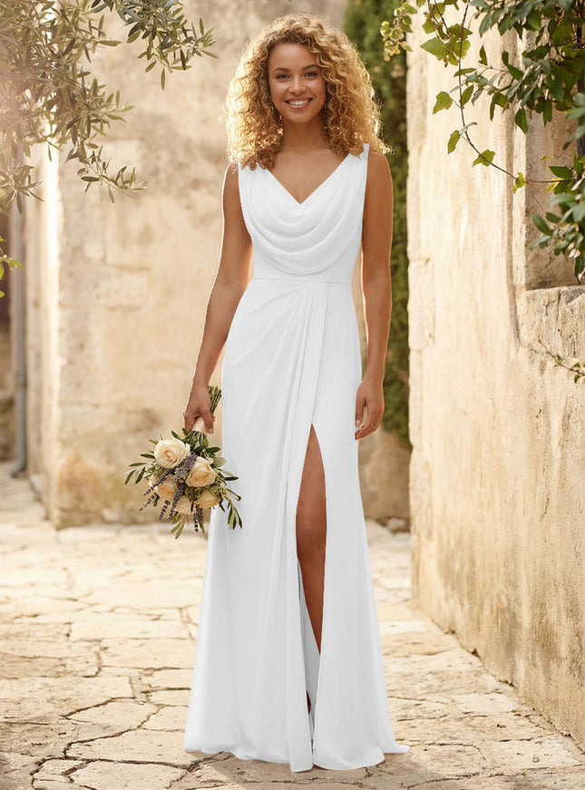 Cowl Neck Chiffon A Line Bridesmaid Dresses with Slit