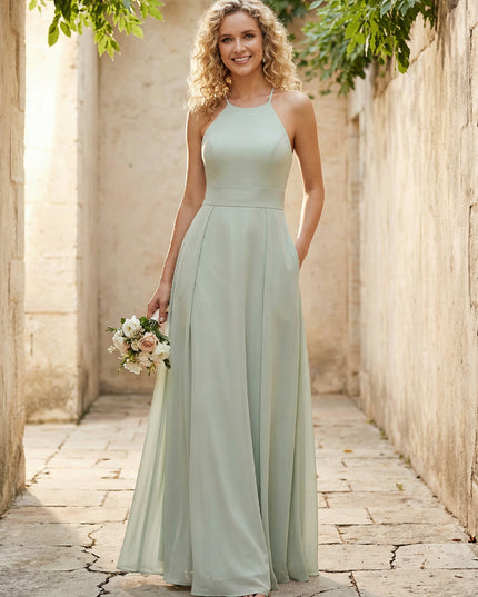 Halter Chiffon A Line Long Bridesmaid Dresses