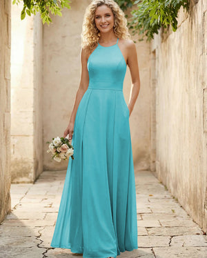 Halter Chiffon A Line Long Bridesmaid Dresses