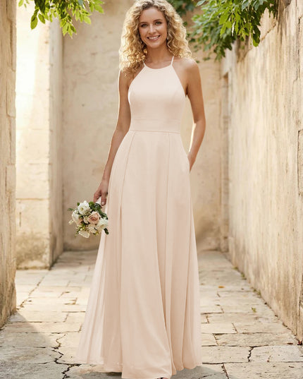 Halter Chiffon A Line Long Bridesmaid Dresses