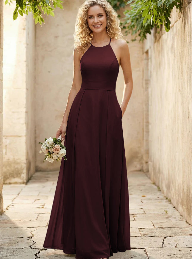 Halter Chiffon A Line Long Bridesmaid Dresses
