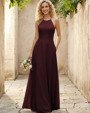 Halter Chiffon A Line Long Bridesmaid Dresses