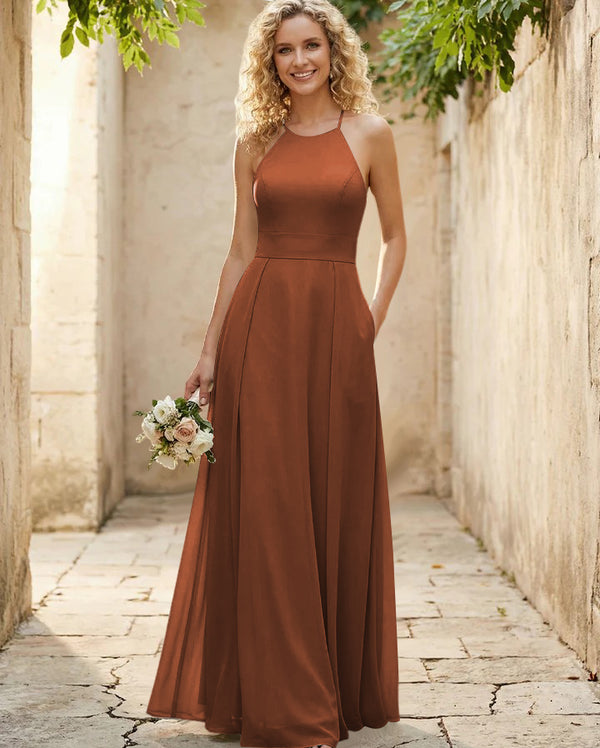 Halter Chiffon A Line Long Bridesmaid Dresses