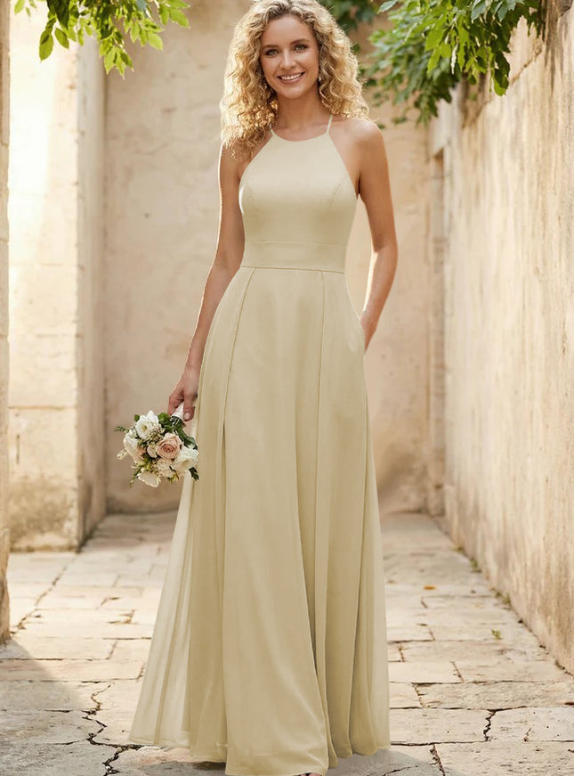 Halter Chiffon A Line Long Bridesmaid Dresses