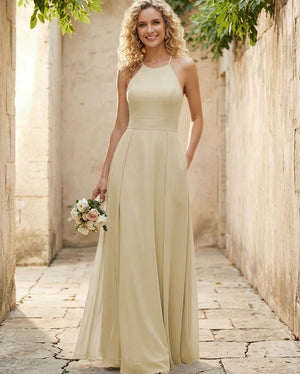 Halter Chiffon A Line Long Bridesmaid Dresses