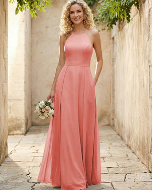 Halter Chiffon A Line Long Bridesmaid Dresses