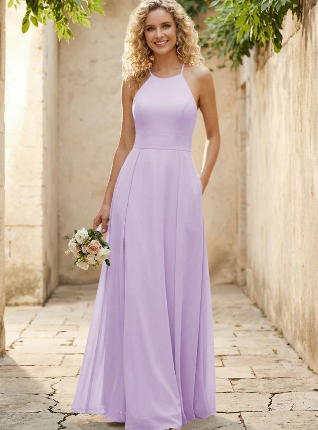 Halter Chiffon A Line Long Bridesmaid Dresses