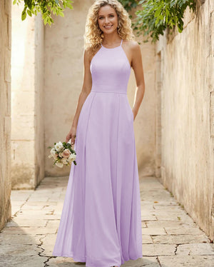 Halter Chiffon A Line Long Bridesmaid Dresses