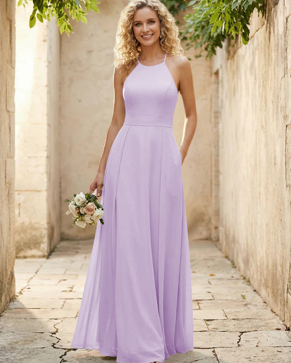 Halter Chiffon A Line Long Bridesmaid Dresses