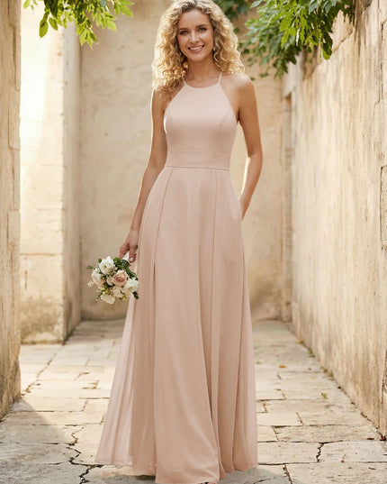Halter Chiffon A Line Long Bridesmaid Dresses