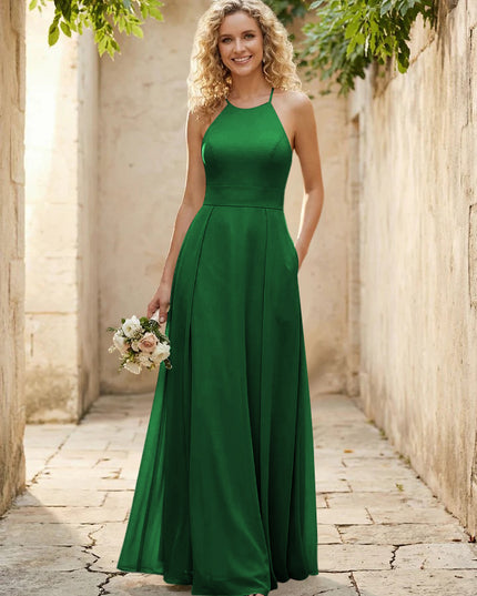 Halter Chiffon A Line Long Bridesmaid Dresses