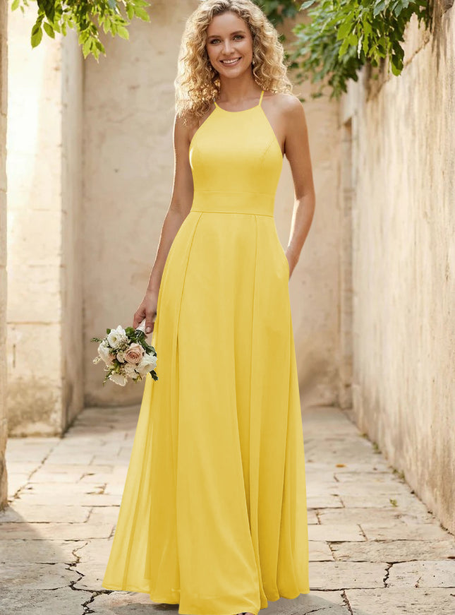 Halter Chiffon A Line Long Bridesmaid Dresses