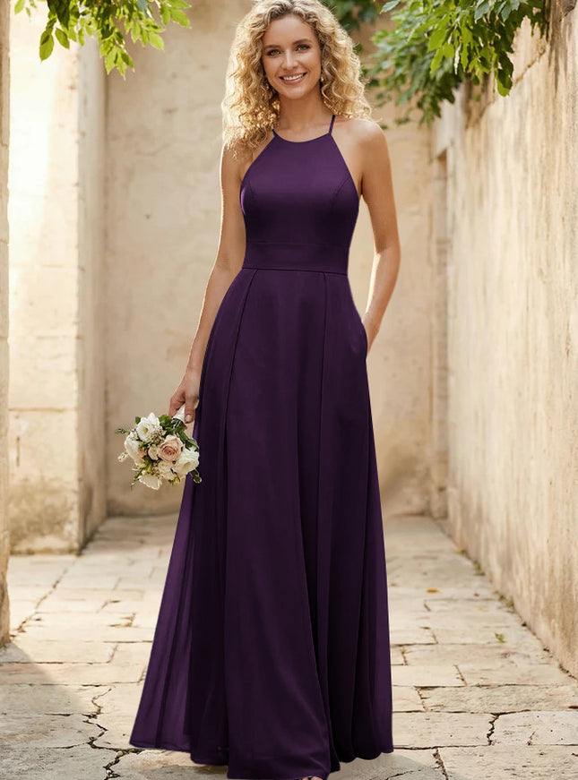 Halter Chiffon A Line Long Bridesmaid Dresses