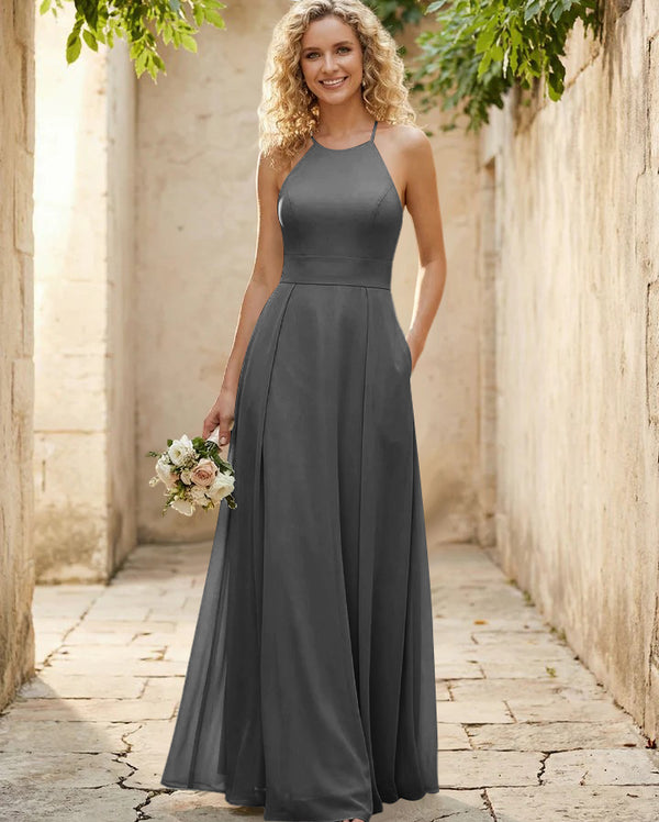 Halter Chiffon A Line Long Bridesmaid Dresses