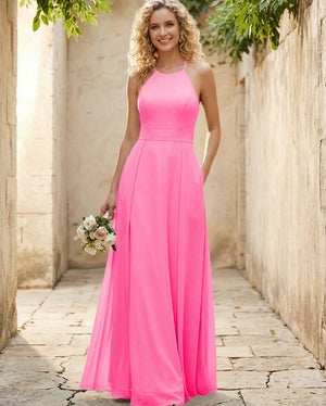 Halter Chiffon A Line Long Bridesmaid Dresses