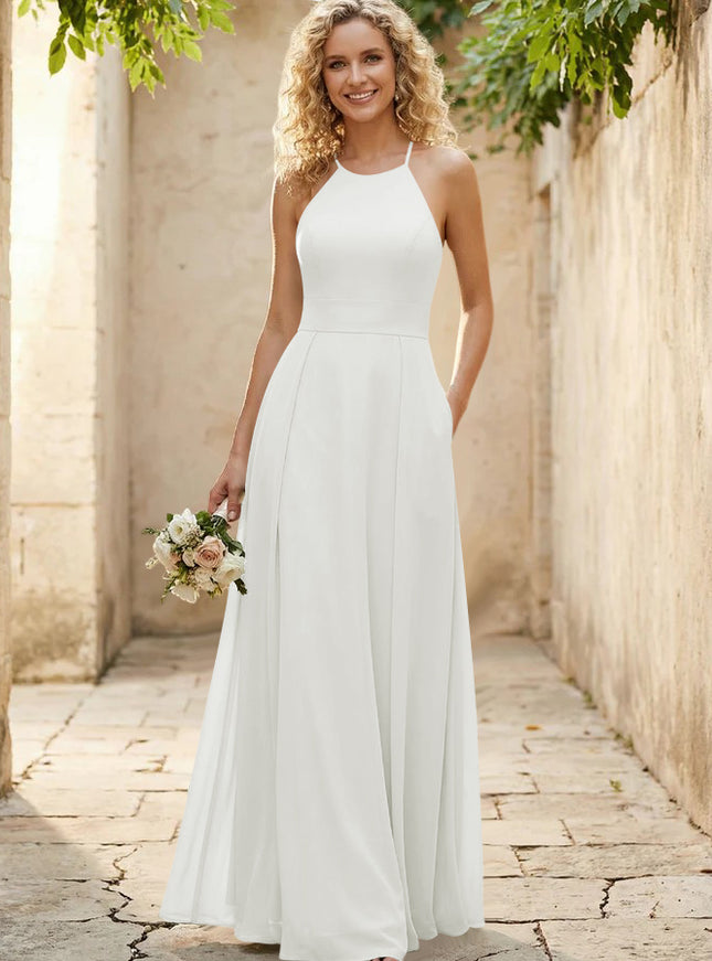 Halter Chiffon A Line Long Bridesmaid Dresses