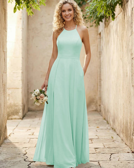 Halter Chiffon A Line Long Bridesmaid Dresses