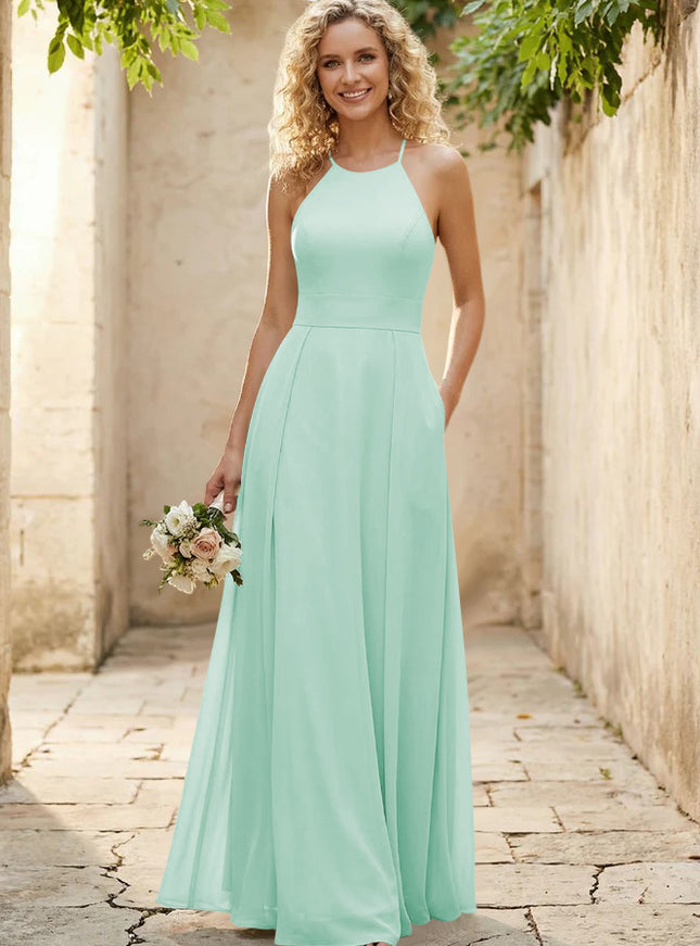 Halter Chiffon A Line Long Bridesmaid Dresses