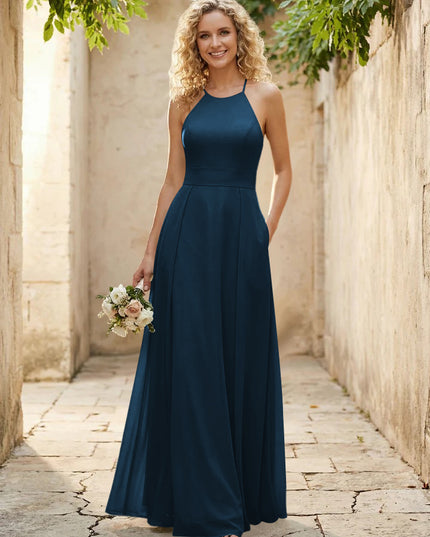 Halter Chiffon A Line Long Bridesmaid Dresses