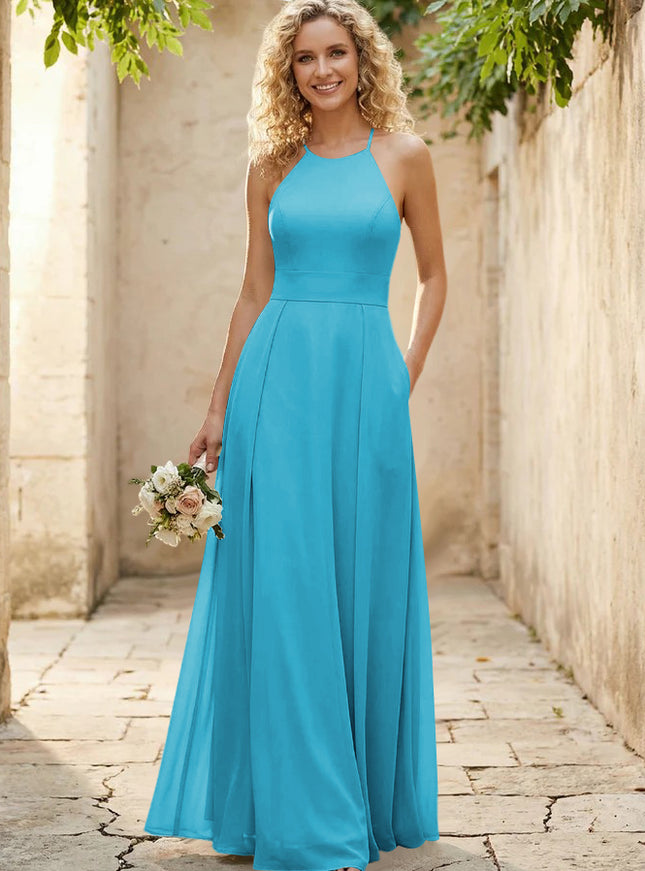 Halter Chiffon A Line Long Bridesmaid Dresses
