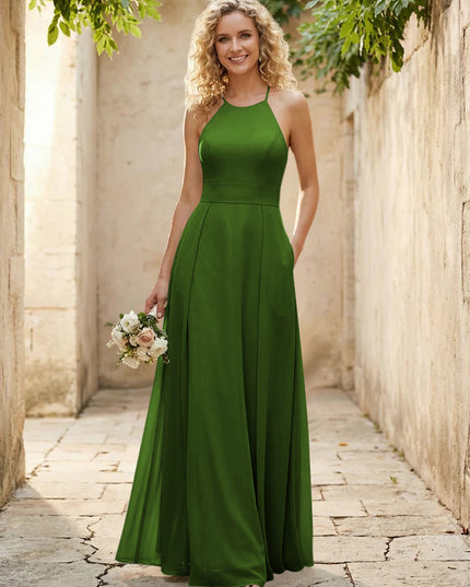 Halter Chiffon A Line Long Bridesmaid Dresses