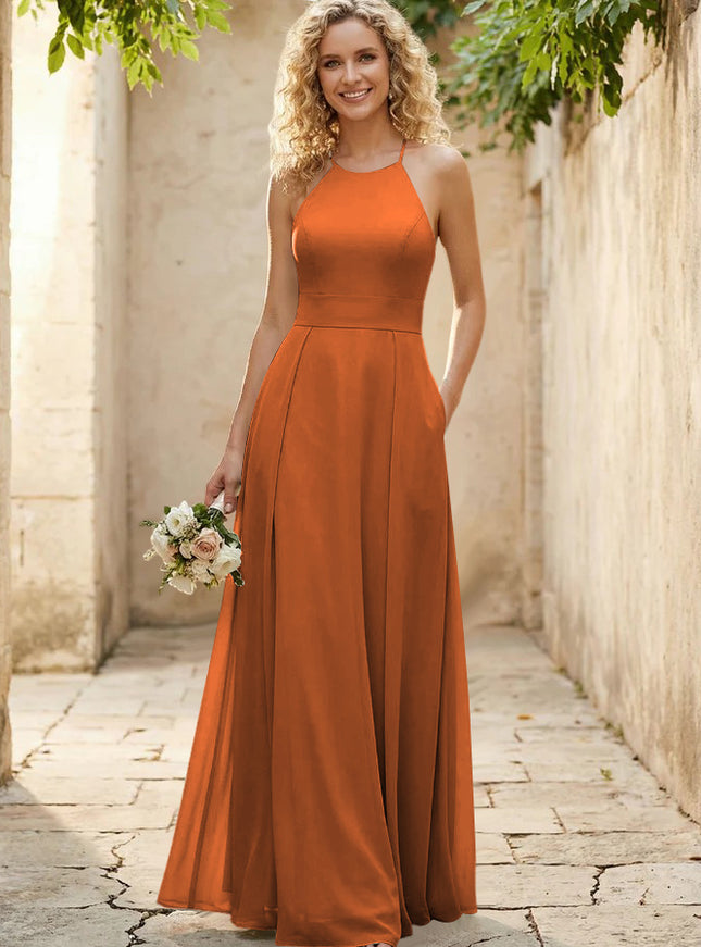 Halter Chiffon A Line Long Bridesmaid Dresses