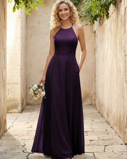 Halter Chiffon A Line Long Bridesmaid Dresses
