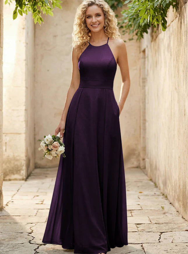 Halter Chiffon A Line Long Bridesmaid Dresses