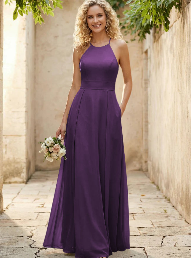 Halter Chiffon A Line Long Bridesmaid Dresses