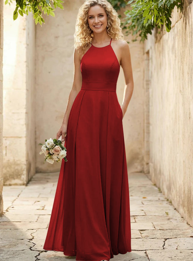 Halter Chiffon A Line Long Bridesmaid Dresses