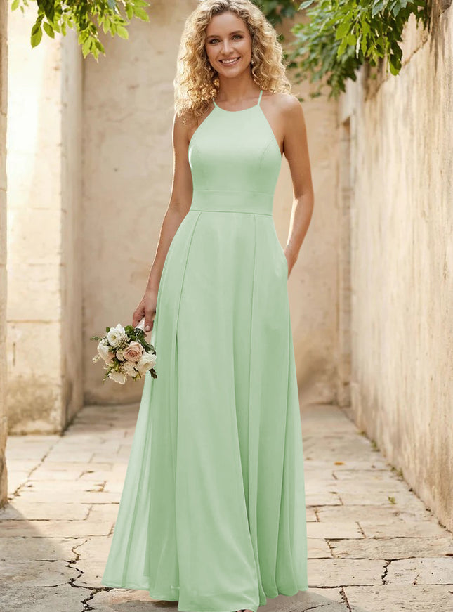Halter Chiffon A Line Long Bridesmaid Dresses