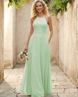 Halter Chiffon A Line Long Bridesmaid Dresses