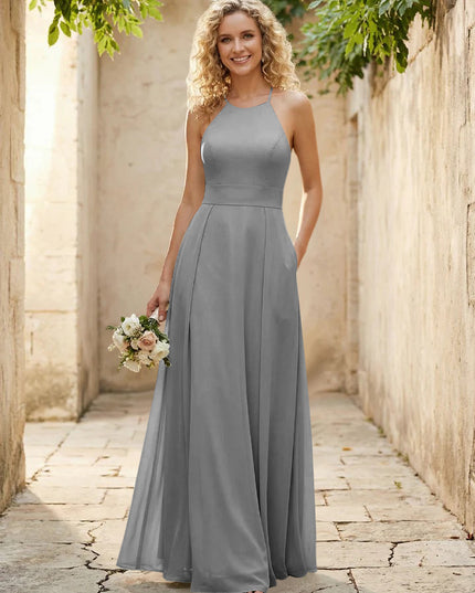 Halter Chiffon A Line Long Bridesmaid Dresses