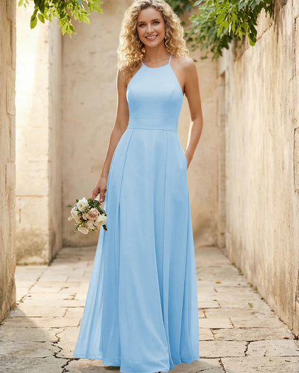 Halter Chiffon A Line Long Bridesmaid Dresses
