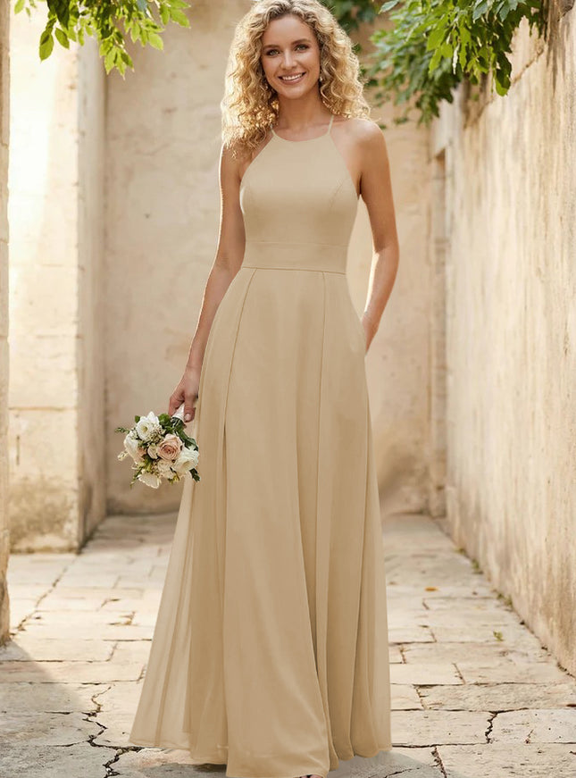 Halter Chiffon A Line Long Bridesmaid Dresses