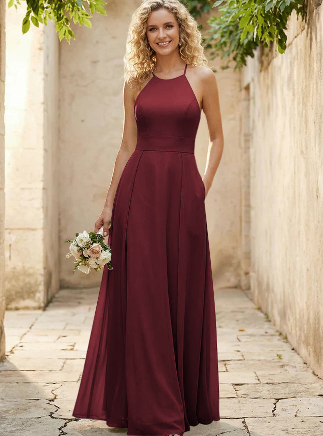 Halter Chiffon A Line Long Bridesmaid Dresses