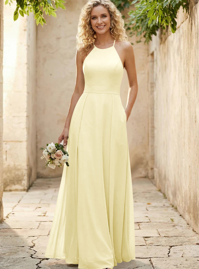 Halter Chiffon A Line Long Bridesmaid Dresses
