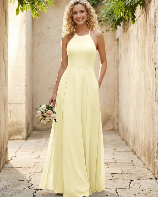 Halter Chiffon A Line Long Bridesmaid Dresses