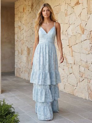Floral Spaghetti Straps V Neck Tiered Wedding Guest Dresses