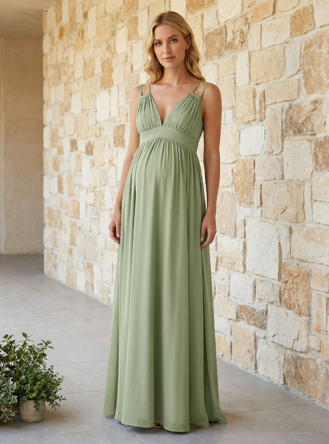 Spaghetti Straps Chiffon V Neck Maxi Dresses with Pleats