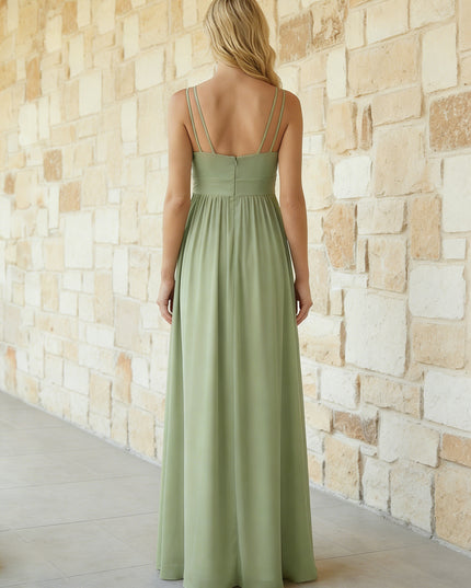 Spaghetti Straps Chiffon V Neck Maxi Dresses with Pleats