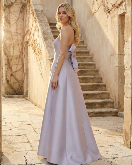 Satin Strapless Sheath Split Bridesmaid Dresses with Bow
