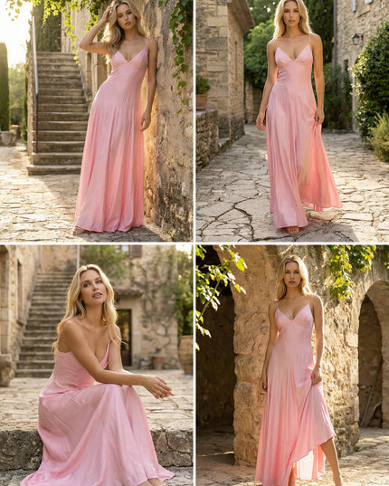 Satin Spaghetti Straps A Line V Neck Bridesmaid Dresses