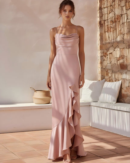 Ruffles Cowl Neck Pleated Spaghetti Straps Mermaid Bridesmaid Dresses with Slit